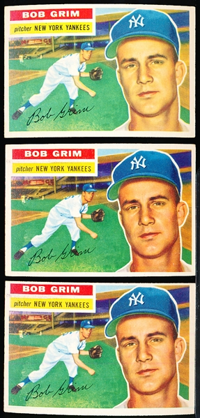 1956 Topps Bb- #52 Bob Grim, Yankees- 3 Cards