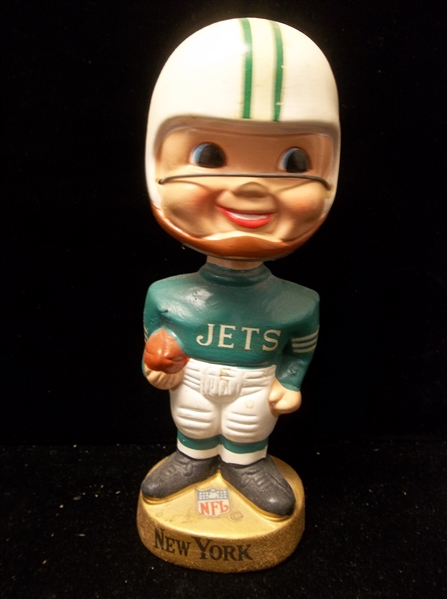 1960’s? Sports Specialties New York Jets Boy Faced Gold Based Bobble Head with Wire Face Mask