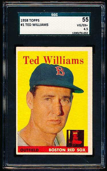1958 Topps Baseball- #1 Ted Williams, Red Sox- SGC 55 (Vg-Ex+ 4.5)