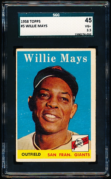 1958 Topps Baseball- #5 Willie Mays, Giants- SGC 45 (Vg+ 3.5)