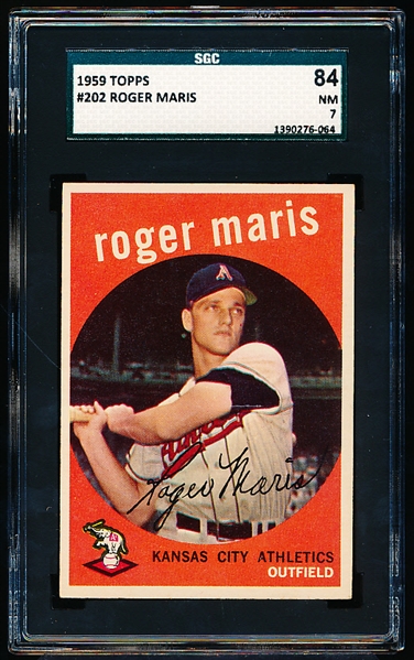 1959 Topps Baseball- #202 Roger Maris, KC A’s- SGC 84 (NM 7)- White Back!