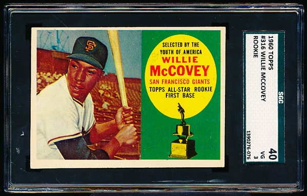 1960 Topps Baseball- #316 Willie McCovey, Giants- Rookie!- SGC 40 (Vg 3)