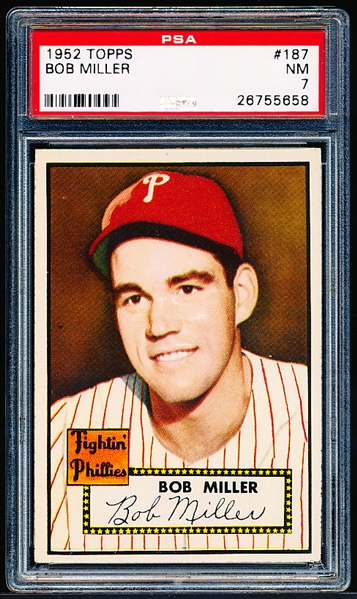 1952 Topps Baseball- #187 Bob Miller, Phillies- PSA NM 7 