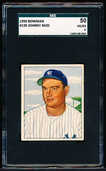 1950 Bowman Bb- #139 Johnny Mize, Yankees- SGC 50 (Vg-Ex 4)