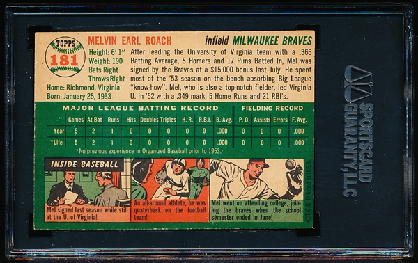 Lot Detail 1954 Topps Baseball 181 Mel Roach Braves SGC 80 Ex NM 6