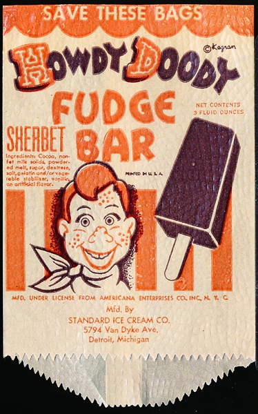 1952 Standard Ice Cream Co. Howdy Doody Fudge Bar Unused Waxed Paper Bag Wrapper