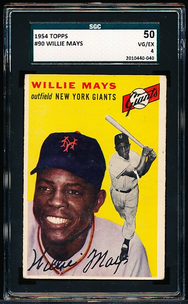 1954 Topps Baseball- #90 Willie Mays, Giants- SGC 50 (Vg-Ex 4)