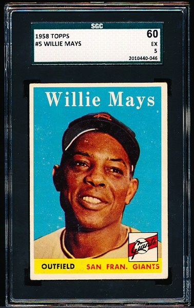 1958 Topps Baseball- #5 Willie Mays, Giants- SGC 60 (Ex 5)