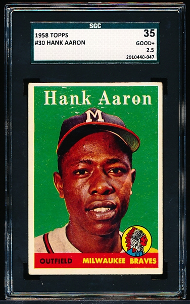 1958 Topps Baseball- #30 Hank Aaron, Braves- SGC 35 (Good + 2.5)