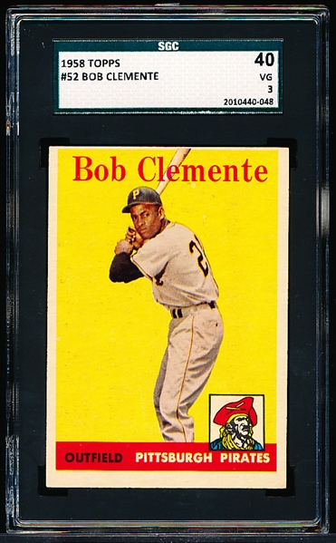 1958 Topps Baseball- #52 Bob Clemente, Pirates- SGC 40 (Vg 3)