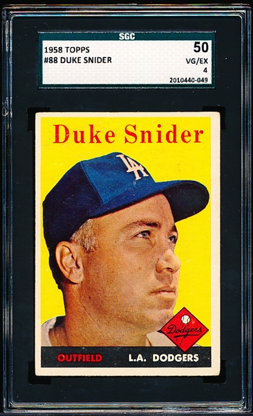1958 Topps Baseball- #88 Duke Snider, Dodgers- SGC 50 (Vg-Ex 4)