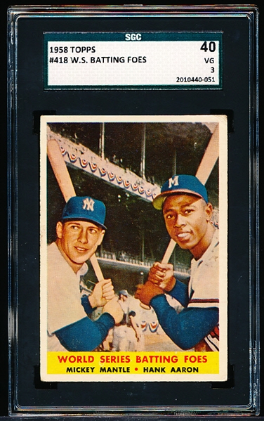 1958 Topps Baseball- #418 Mantle/Aaron- SGC 40 (Vg 3)