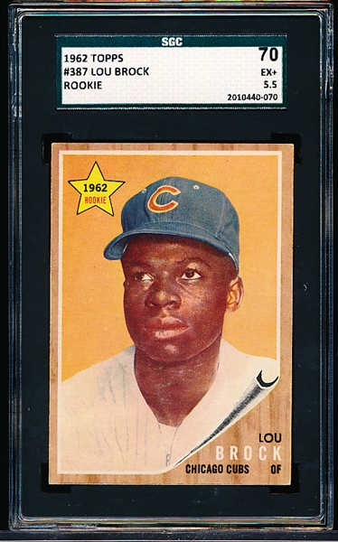 1962 Topps Baseball- #387 Lou Brock, Cubs- SGC 70 (Ex+ 5.5)