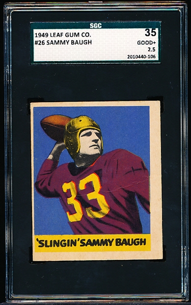 1949 Leaf Football- #26 Sammy Baugh, Washington- SGC 35 (Good+ 2.5)