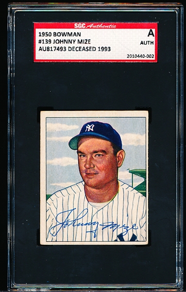 1950 Bowman Baseball- Signed Card- #139 Johnny Mize, Yankees- SGC A (Auth)