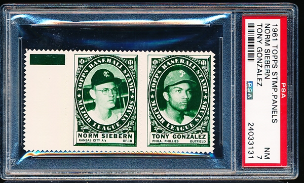 1961 Topps Baseball Stamp Panel with Tab- Norm Siebern (A’s)/ Tony Gonzalez (Phillies) 