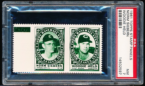 1961 Topps Baseball Stamp Panel with Tab- Norm Siebern (A’s)/ Woodie Held (Indians) - PSA NM 7