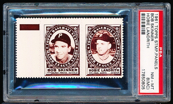 1961 Topps Baseball Stamp Panel with Tab-Bob Skinner (Pirates)/ Hobie Landrith (Giants) - PSA NrMt-Mt 8 (OC)