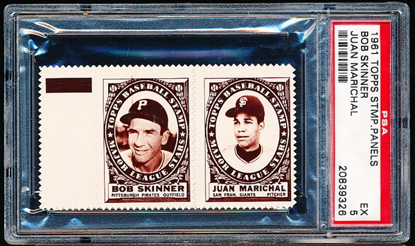 1961 Topps Baseball Stamp Panel with Tab- Bob Skinner (Pirates)/ Juan Marichal (Giants) - PSA Ex 5