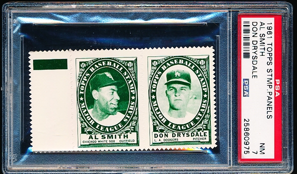 1961 Topps Baseball Stamp Panel with Tab- Al Smith (White Sox)/ Don Drysdale (Dodgers) - PSA NM 7 