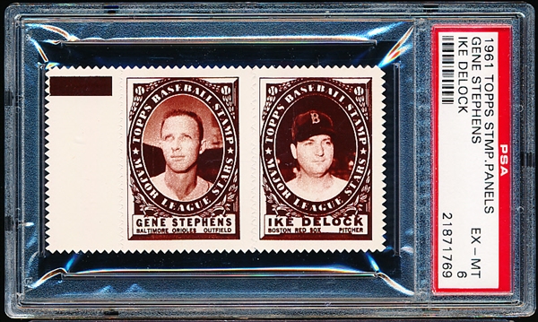 1961 Topps Baseball Stamp Panel with Tab- Gene Stephens (Orioles)/ Ike Delock (Red Sox)- PSA Ex-Mt 6 