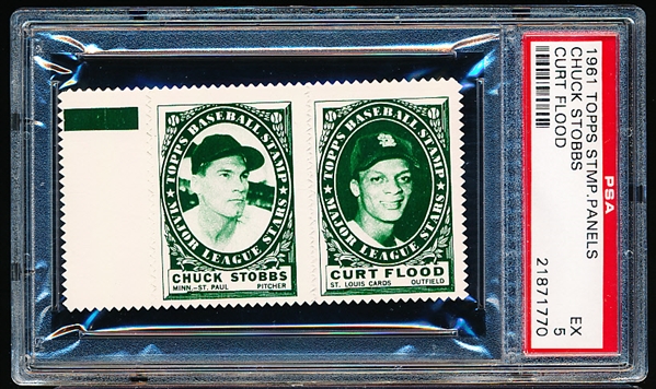 1961 Topps Baseball Stamp Panel with Tab- Chuck Stobbs (Minn/St. Paul)/ Curt Flood (Cards) - PSA Ex 5 