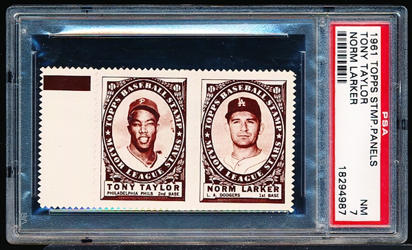 1961 Topps Baseball Stamp Panel with Tab- Tony Taylor (Phillies)/ Norm Larker (Dodgers) - PSA NM 7 