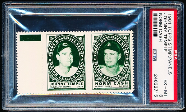 1961 Topps Baseball Stamp Panel with Tab- Johnny Temple (Cleveland)/ Norm Cash (Tigers)- PSA Ex-Mt 6