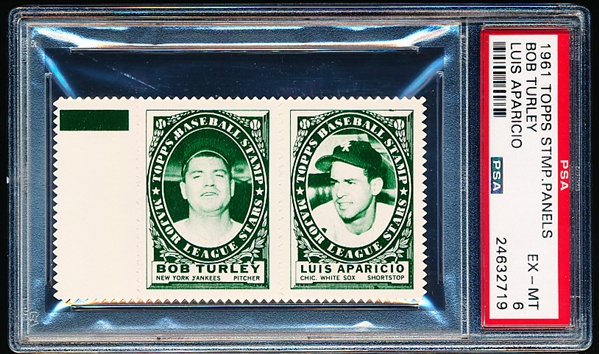 1961 Topps Baseball Stamp Panel with Tab- Bob Turley (Yankees)/ Luis Aparicio (White Sox) - PSA Ex-Mt 6 