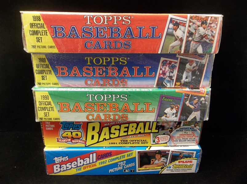 1988, ’89, ’90, ’91, & ’92 Topps Baseball Retail Factory Sets of 792 Cards