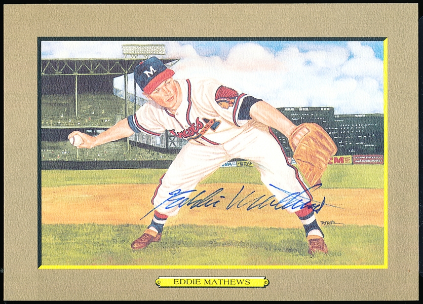 1988 Perez-Steele Great Moments Bsbl. Art Card #28 Eddie Mathews- Autographed