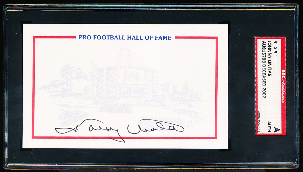 Johnny Unitas Autographed Pro Football Hall of Fame 3” x 5” Index Card- SGC Certified/ Slabbed