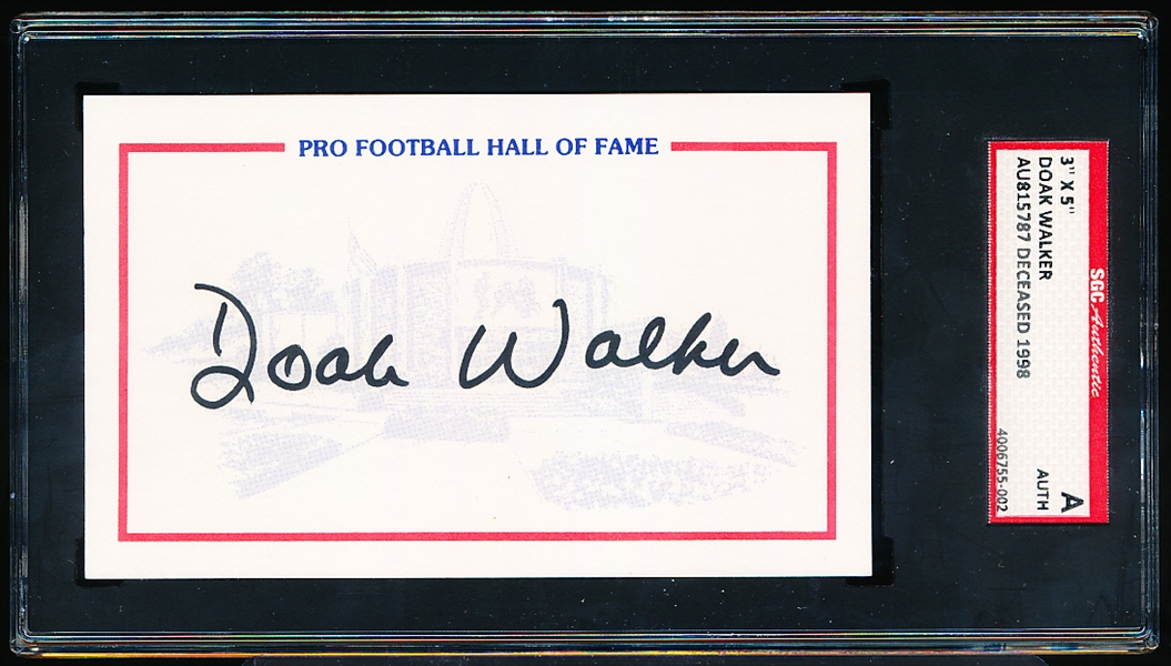 Doak Walker Autographed Pro Football Hall of Fame 3” x 5” Index Card- SGC Certified/ Slabbed