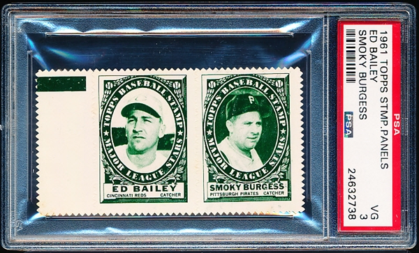 1961 Topps Baseball Stamp Panel with Tab- Ed Bailey (Reds)/ Smokey Burgess (Pirates)- PSA Vg 3