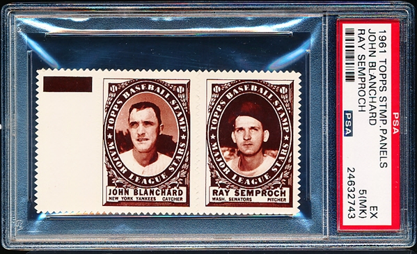 1961 Topps Baseball Stamp Panel with Tab- John Blanchard(Yankees)/ Ray Semproch (Wash)- PSA Ex 5 (MK)