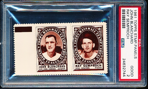 1961 Topps Baseball Stamp Panel with Tab- John Blanchard (Yankees)/ Ray Semproch (Wash)- PSA Good 2 