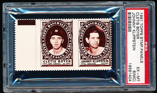 1961 Topps Baseball Stamp Panel with Tab- Cletis Boyer (Yankees)/ Johnny Klippstein (Wash)- PSA Ex-Mt 6(MC)