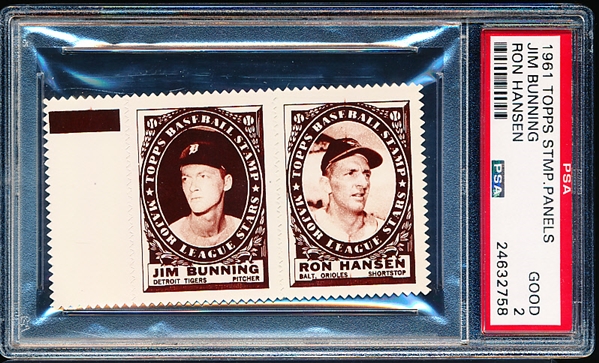 1961 Topps Baseball Stamp Panel with Tab- Jim Bunning (Tigers)/ Ron Hansen (Balt)- PSA Good 2 