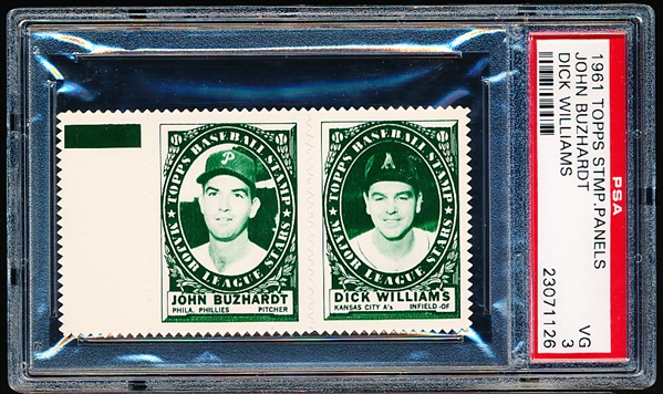 1961 Topps Baseball Stamp Panel with Tab- John Buzhardt (Phillies)/ Dick Williams(KC A’s)- PSA Vg 3 