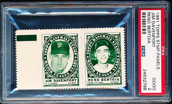 1961 Topps Baseball Stamp Panel with Tab-  Jim Davenport (Giants)/ Reno Bertoia (Minn/ St. Paul)- PSA Good 2