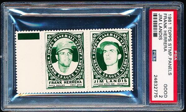 1961 Topps Baseball Stamp Panel with Tab- Frank Herrera (Phils)/ Jim Landis (White Sox)- PSA Good 2 