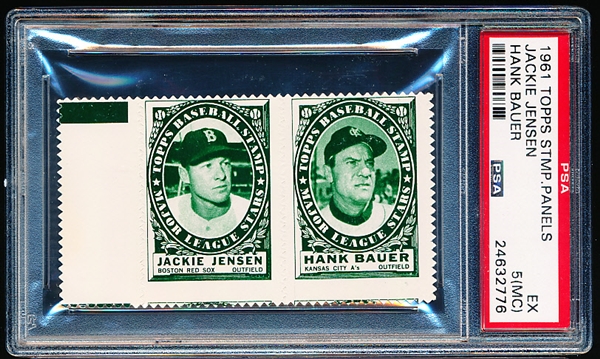 1961 Topps Baseball Stamp Panel with Tab- Jackie Jensen (Red Sox)/ Hank Bauer (A’s)- PSA Ex 5 (MC)