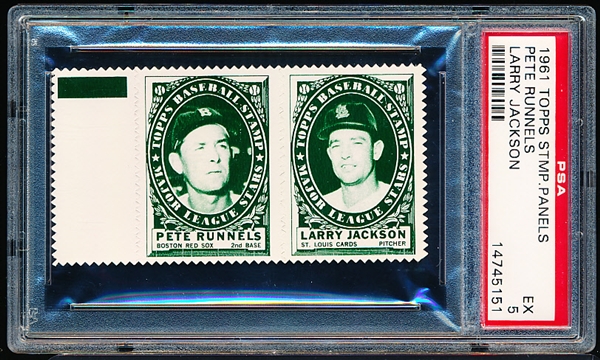 1961 Topps Baseball Stamp Panel with Tab- Pete Runnels (Red Sox)/ Larry Jackson (Cards)- PSA Ex 5