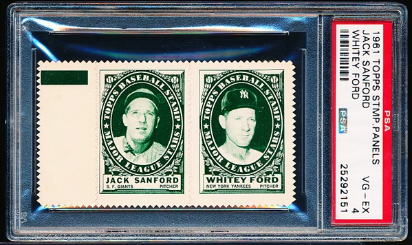 1961 Topps Baseball Stamp Panel with Tab- Jack Sanford (Giants)/Whitey Ford (Yankees)- PSA Vg-Ex 4 