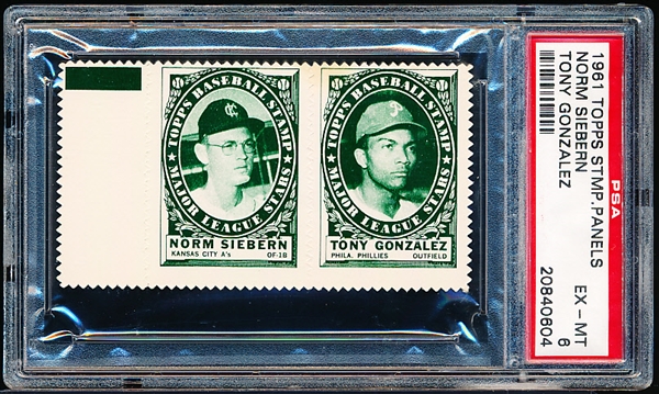 1961 Topps Baseball Stamp Panel with Tab- Norm Siebern (KC)/Tony Gonzalez (Phillies)- PSA Ex-Mt 6 