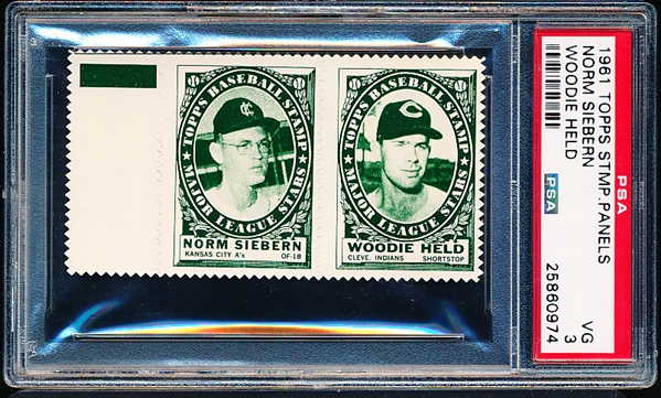 1961 Topps Baseball Stamp Panel with Tab- Norm Siebern (KC)/ Woodie Held (Cleve)- PSA Vg 3 