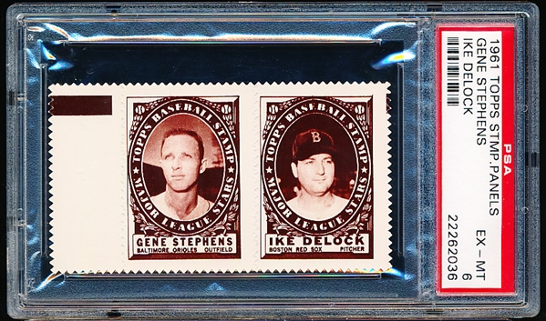 1961 Topps Baseball Stamp Panel with Tab- Gene Stephens (Balt)/ Ike Delock (Red Sox) – PSA Ex-Mt 6