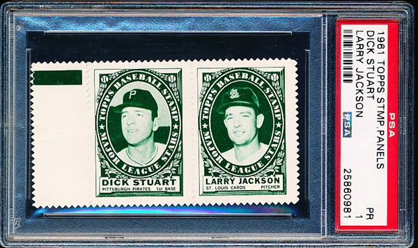 1961 Topps Baseball Stamp Panel with Tab- Dick Stuart (Pirates)/ Larrt Jackson (Cards)- PSA Poor 1 