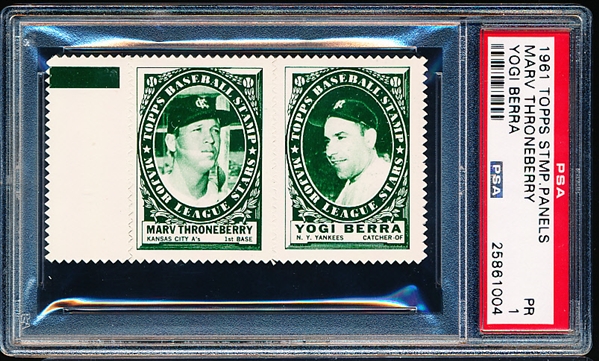 1961 Topps Baseball Stamp Panel with Tab- Marv Throneberry (KC A’s)/ Yogi Berra (Yankees)- PSA Poor 1 