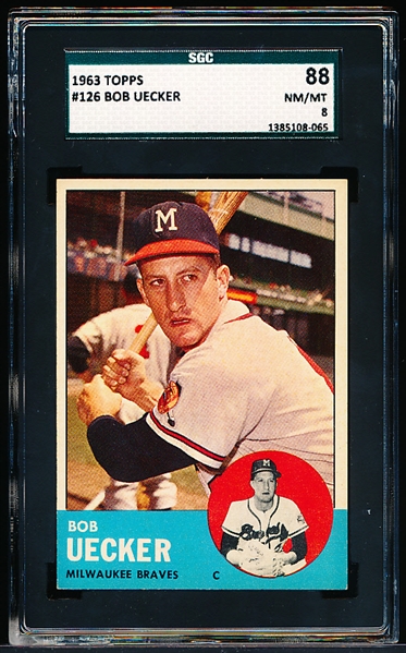 1963 Topps Baseball- #126 Bob Uecker, Braves- SGC 88 (Nm/Mt 8)